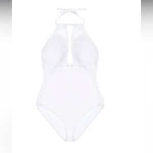 Hunter McGrady Playful Promises White High Neck Lace Panel Swimsuit Bridal US 14